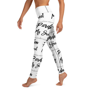 White leggings with "Pardon My Sweat" logo written in Black 